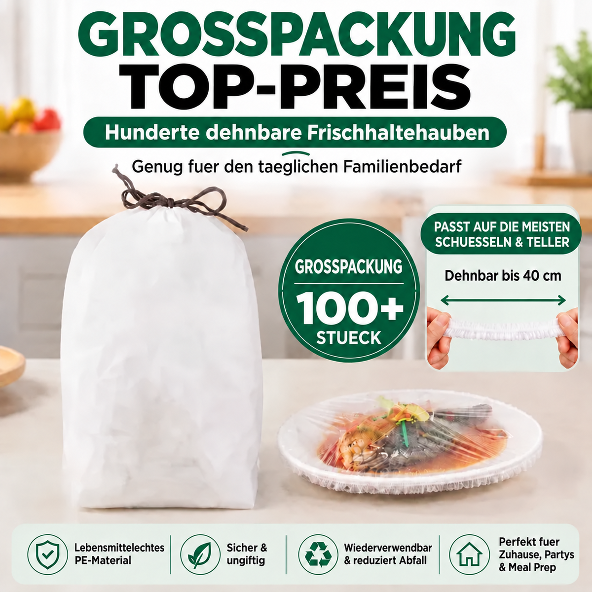 🔥 100 Stück elastische Frischhaltehauben für Schüsseln & Teller 🔥