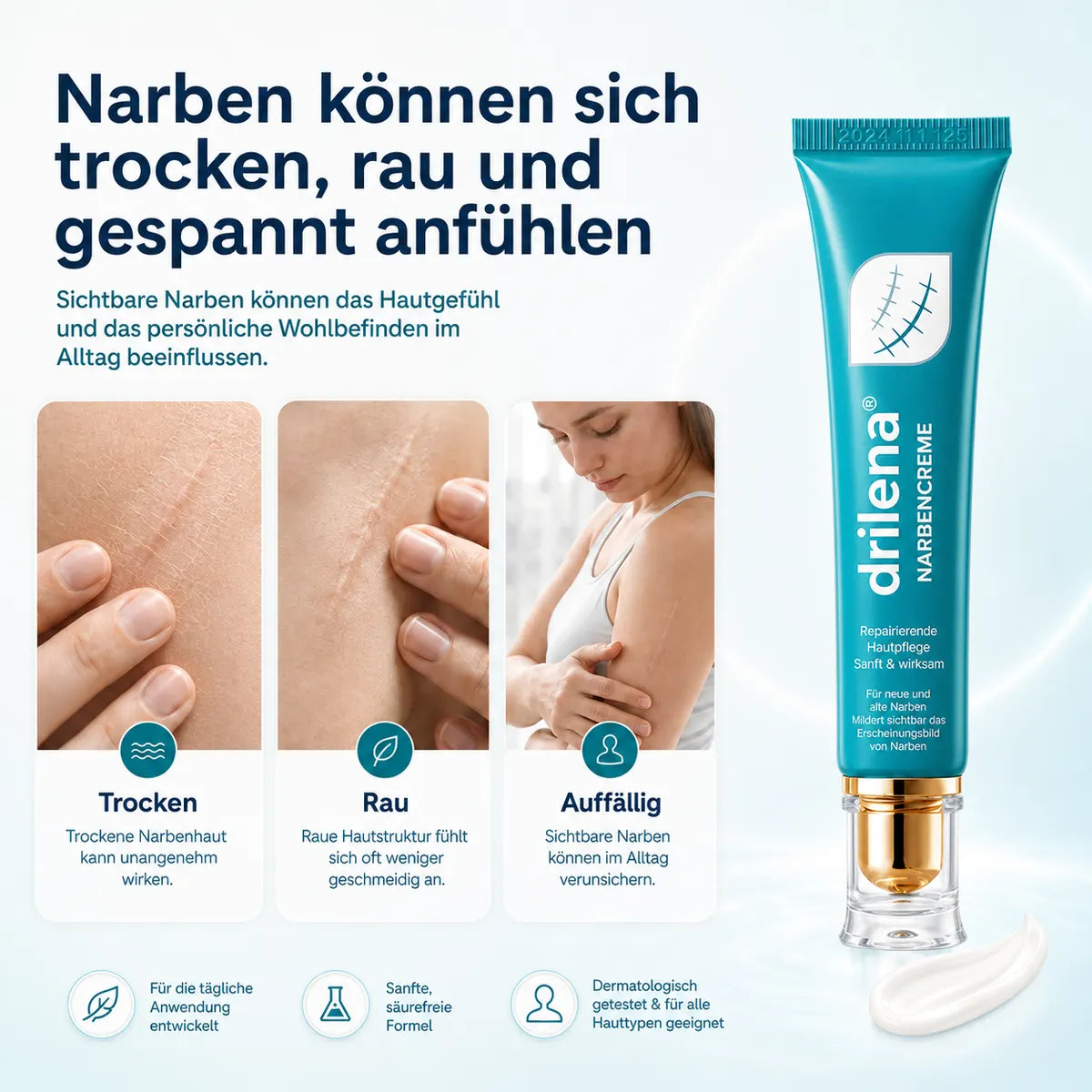 🛒drilena® Reparierende Anti-Narben-Creme — Dehnungsstreifen, Narben & Aknemale