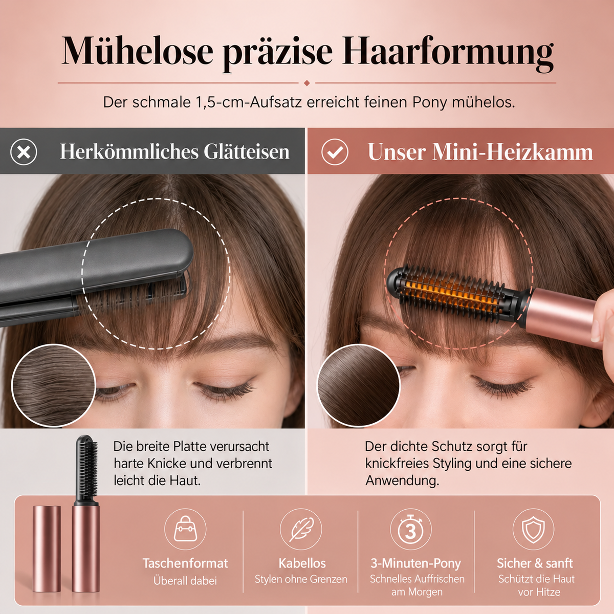 🪮 Kabelloser Mini-Stylingkamm mit Heizfunktion