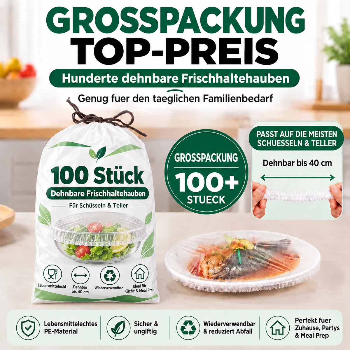 🔥 100 Stück elastische Frischhaltehauben für Schüsseln & Teller 🔥