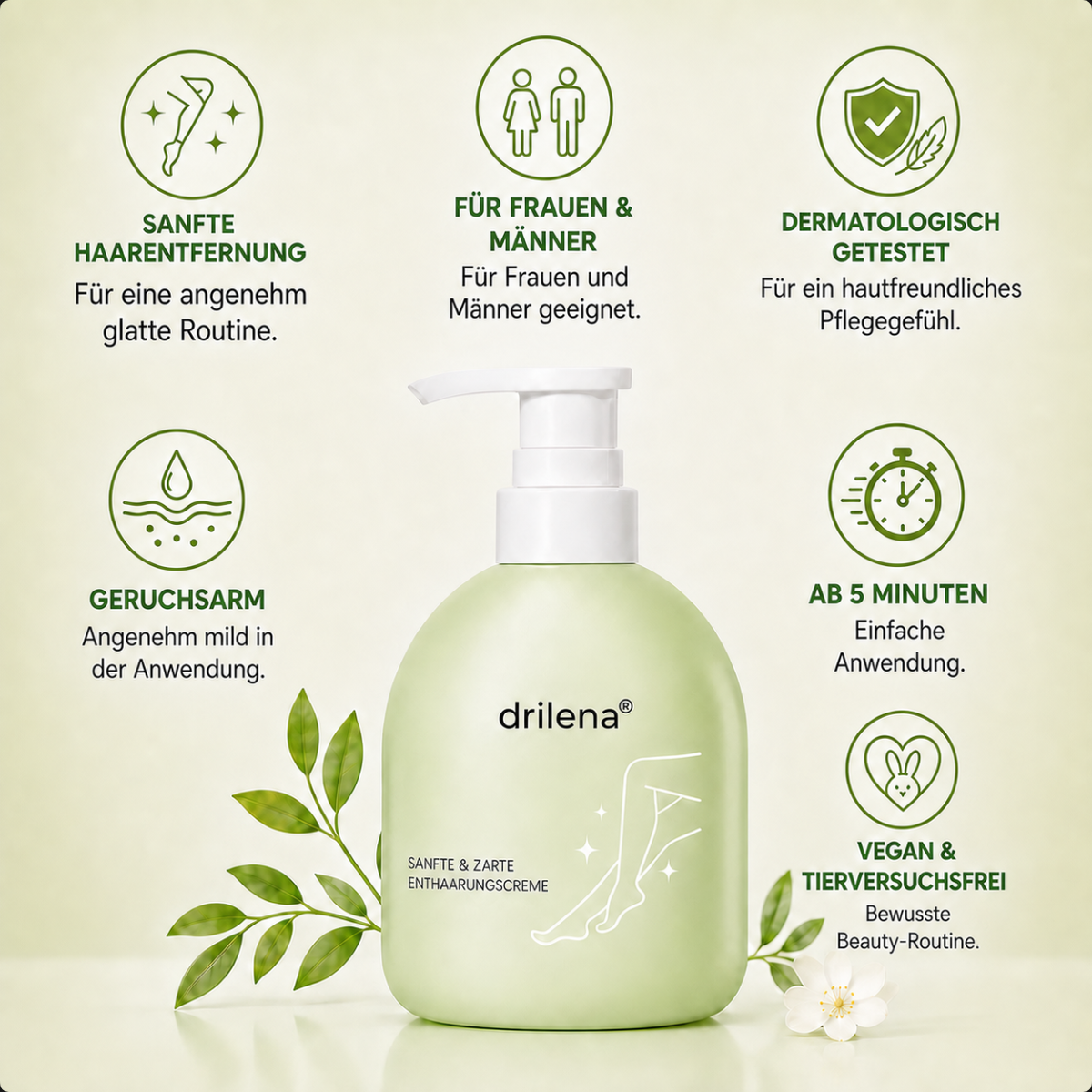 🫧 drilena® Sanfte, nicht reizende Enthaarungscreme