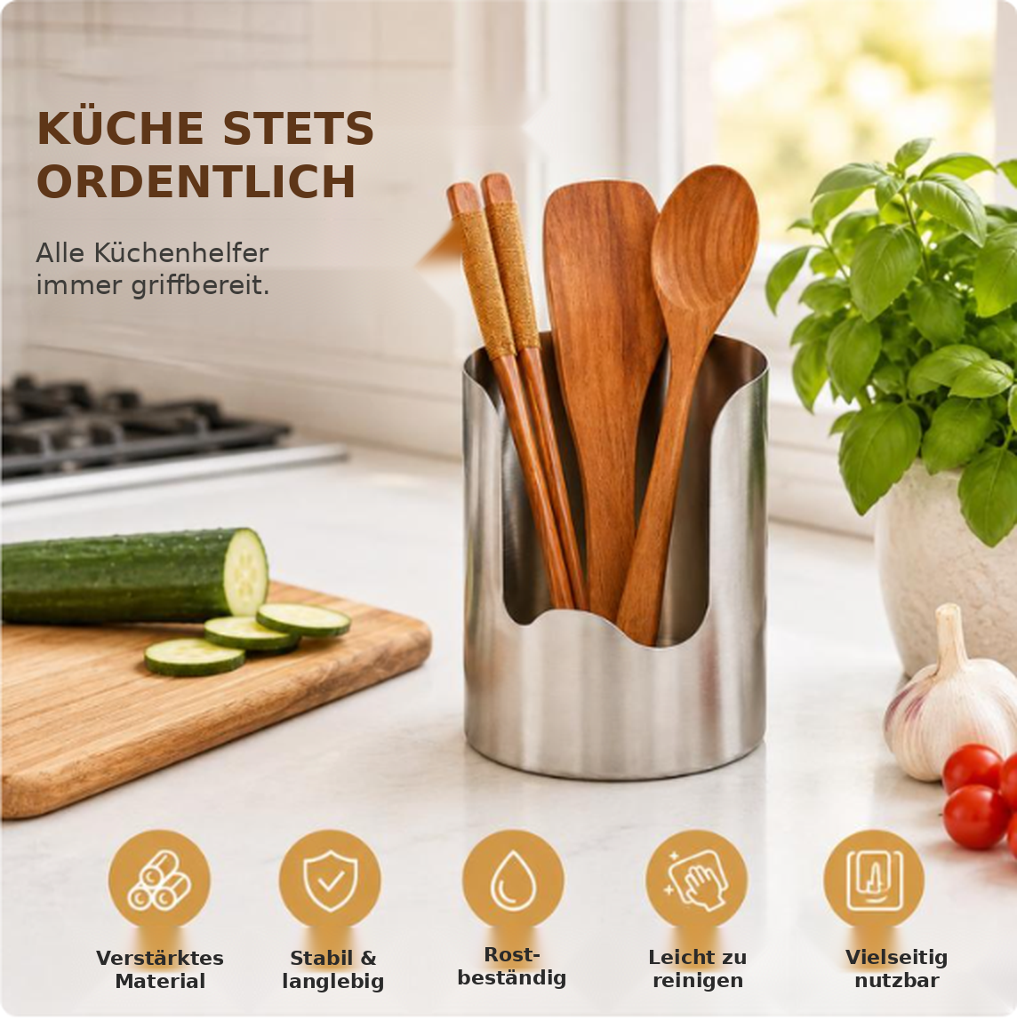 🪄 1 Stück – Robuster Küchenutensilienhalter aus verstärktem Edelstahl, rostbeständig, leicht zu reinigen & vielseitig einsetzbar ✨