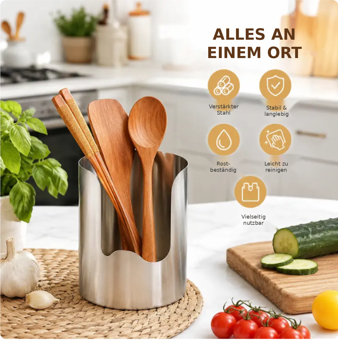 🪄 1 Stück – Robuster Küchenutensilienhalter aus verstärktem Edelstahl, rostbeständig, leicht zu reinigen & vielseitig einsetzbar ✨