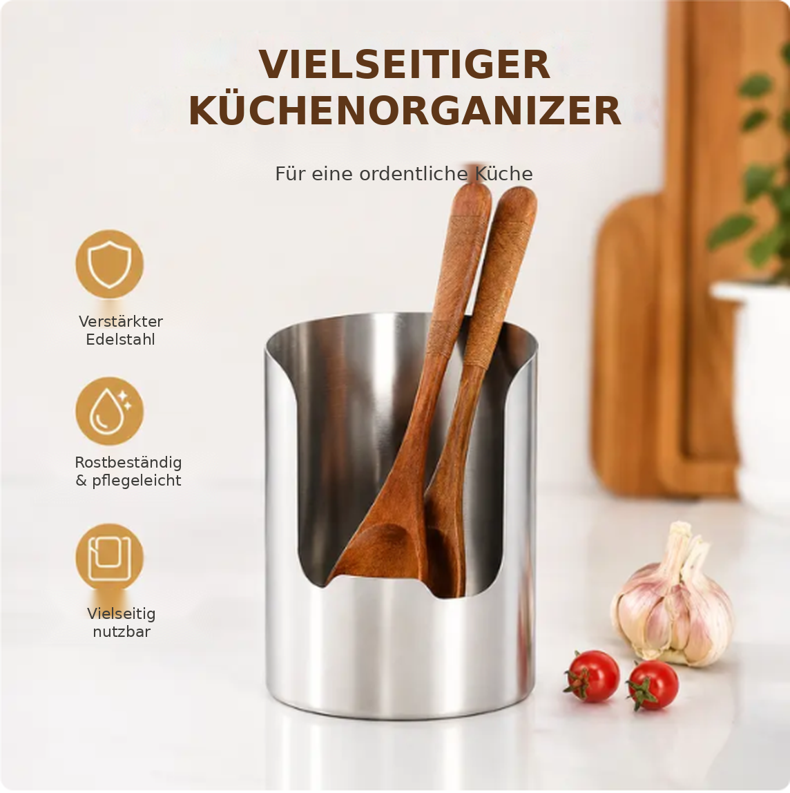 🪄 1 Stück – Robuster Küchenutensilienhalter aus verstärktem Edelstahl, rostbeständig, leicht zu reinigen & vielseitig einsetzbar ✨